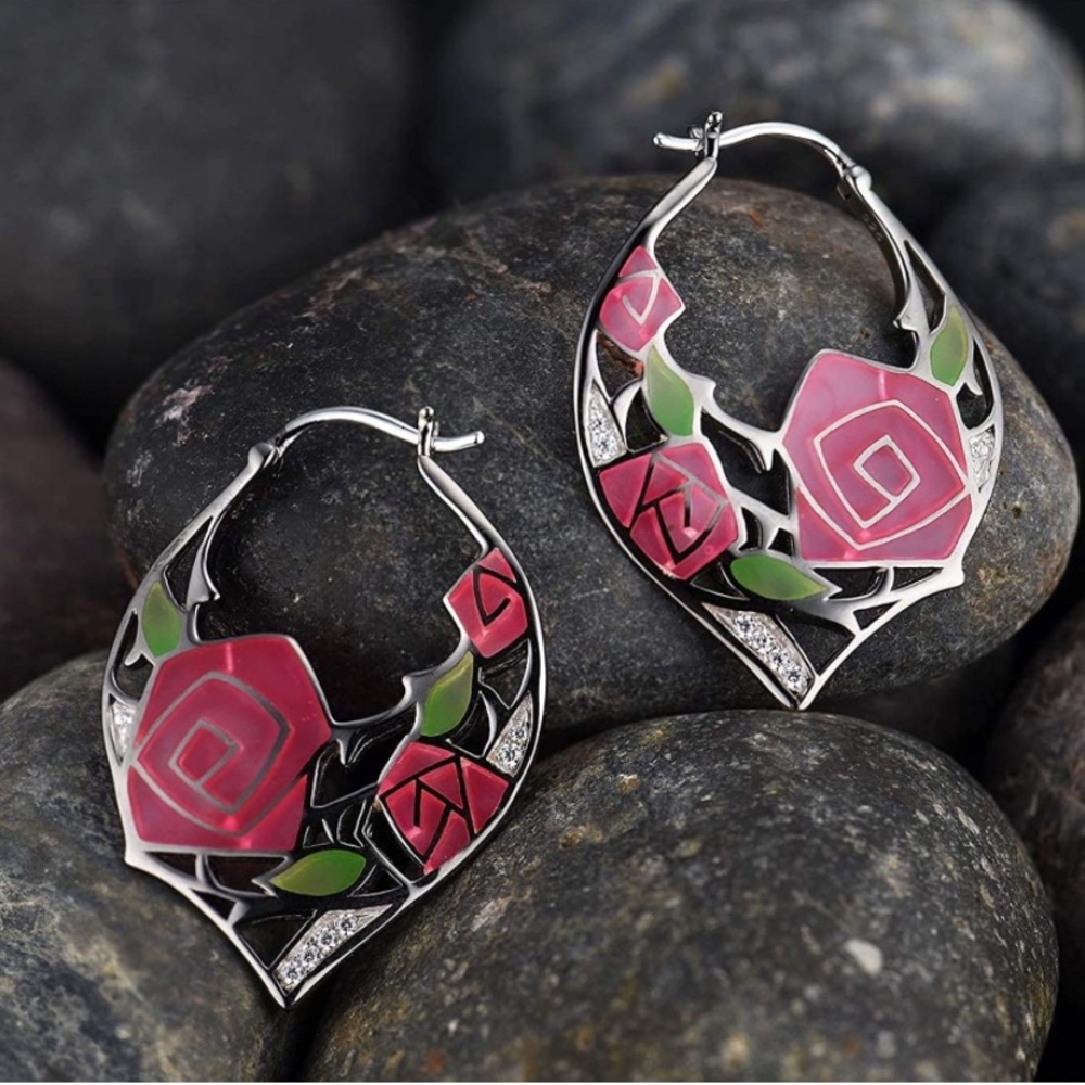 Beauty and the Beast Stained Glass Roses Earrings - Picture 4 of 6